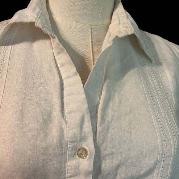 Saint Tropez West 100% Linen Size Med White Tunic Crochet V Neck Boho Chic Beach - Picture 3 of 10